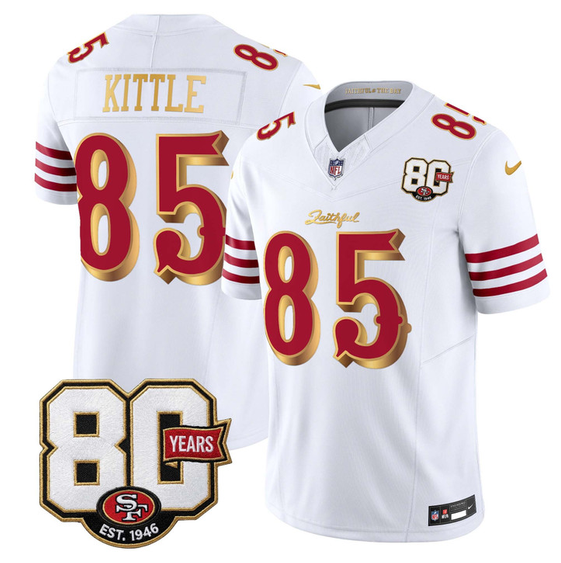 Men's White Gold San Francisco 49ers #85 George kittle 80th Anniversary Patch “Rivalries” 2026 F.U.S.E. Vapor Untouchabl Limited Stitched Football Jersey